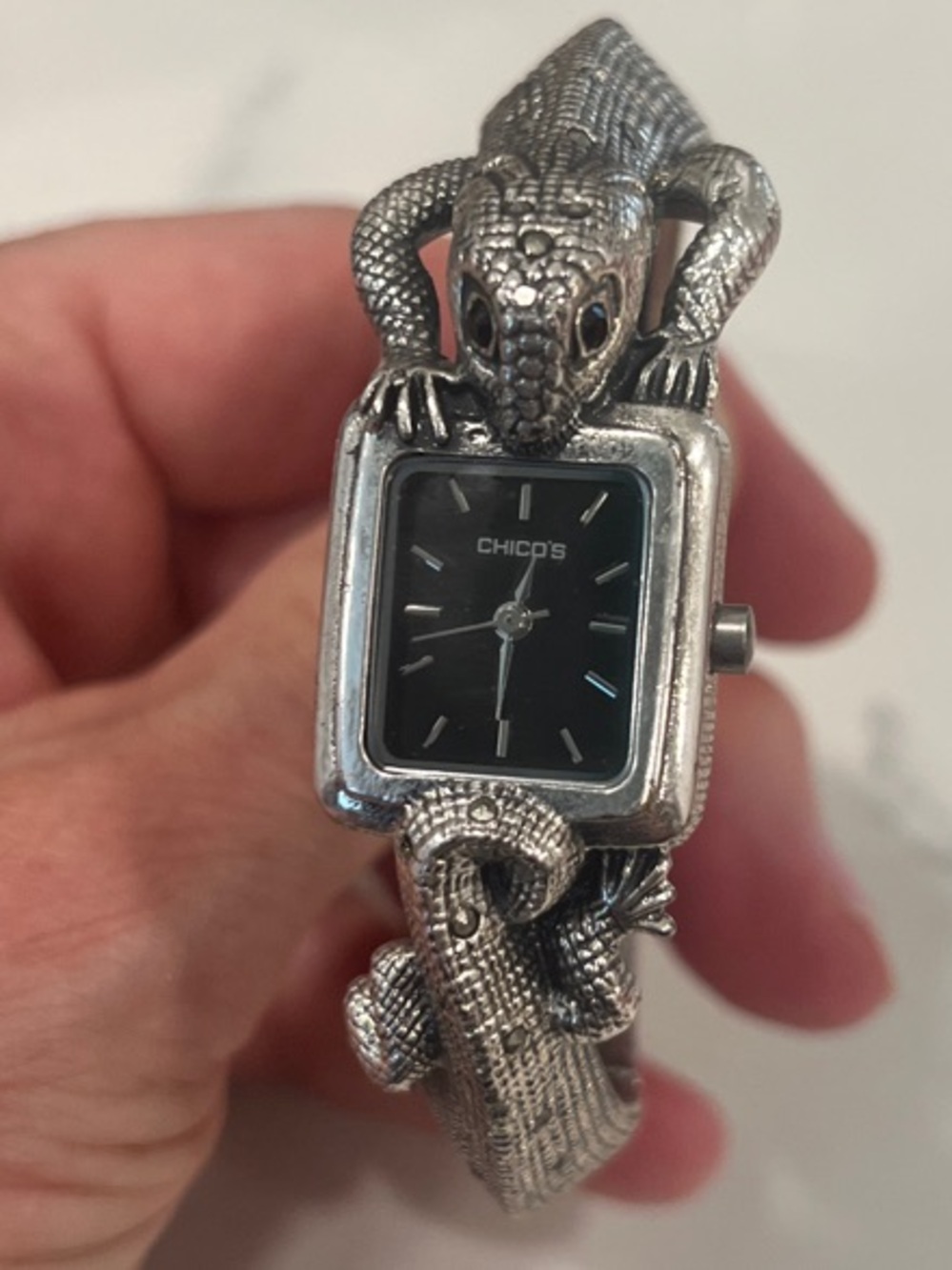 Chico's Silver Lizard Wrap Bracelet Watch with Black Dial
